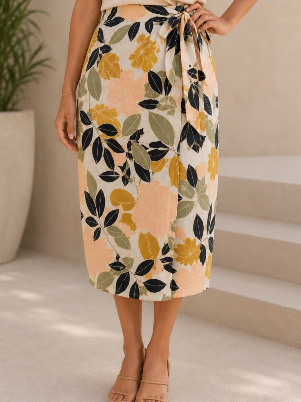 Rachel Zoe 100% Linen Tropical Floral Wrap Skirt Small
